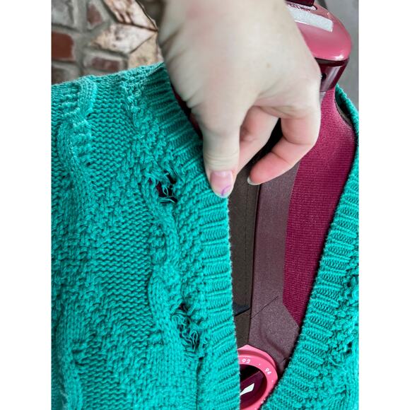 sweater cardigan cabled distressed grunge green - Picture 2 of 12